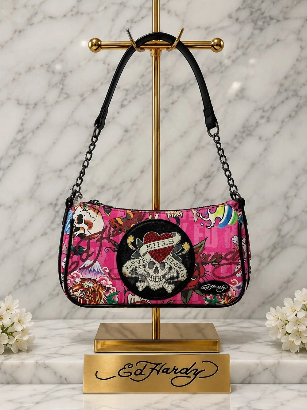Ed Hardy Love Kills Slowly Pink Shoulder Bag NWT Y2K Skull Purse - Picture 2 of 11